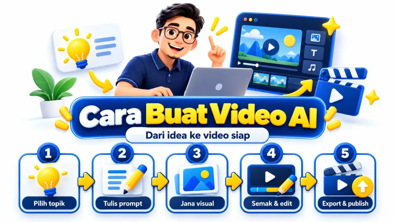 Ilustrasi lima langkah menghasilkan video AI daripada idea hingga penerbitan