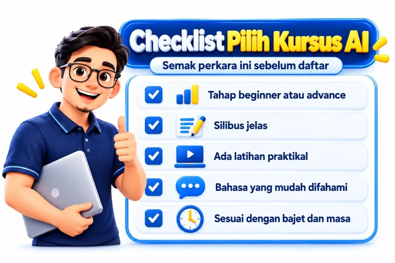 Senarai semak memilih kursus AI berdasarkan tahap kemahiran, silibus dan latihan