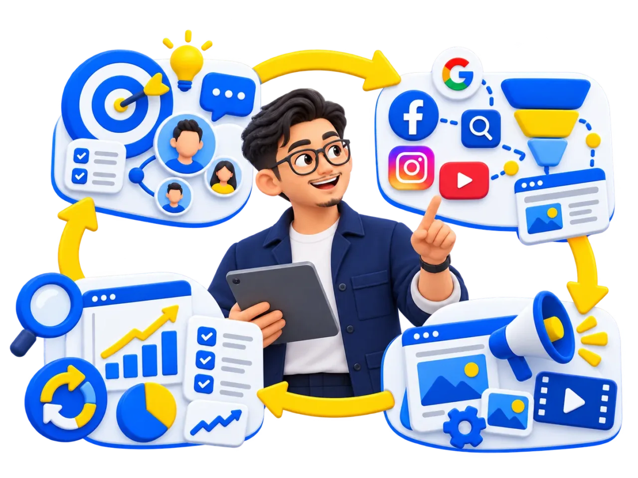 Proses digital marketing The TRIO dari strategi, channel dan funnel, pelaksanaan hingga optimasi data