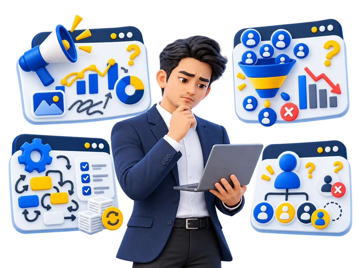 Ilustrasi masalah bisnes melibatkan marketing sales operasi dan HR