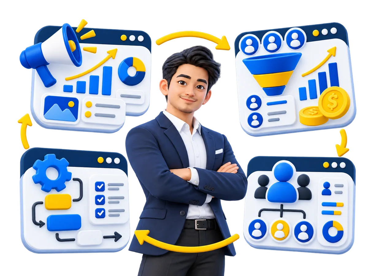 Ilustrasi empat komponen bisnes marketing sales operasi dan HR