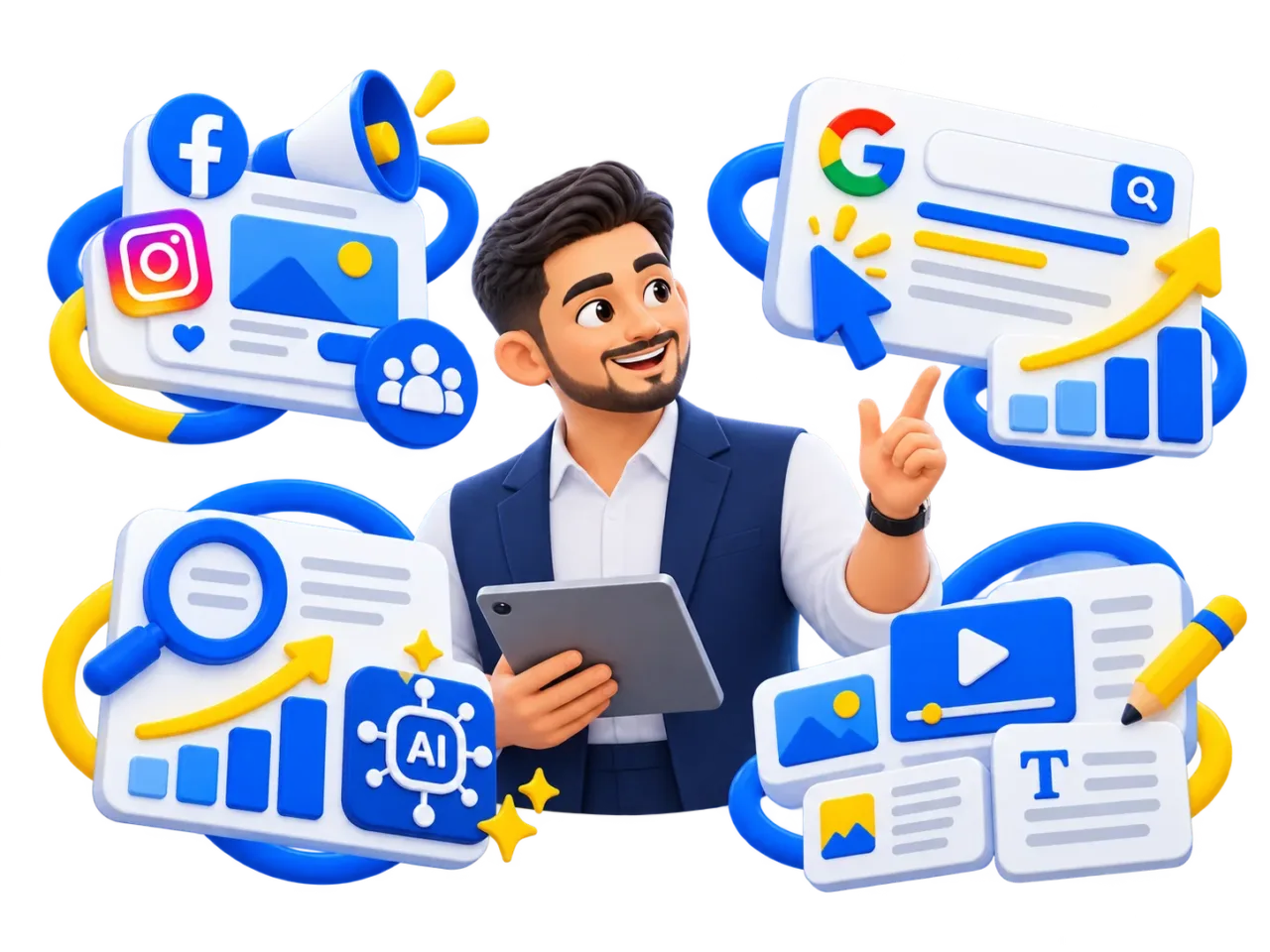 Empat pillar digital marketing The TRIO iaitu Meta Ads, Google Ads, SEO dan AIO serta content marketing