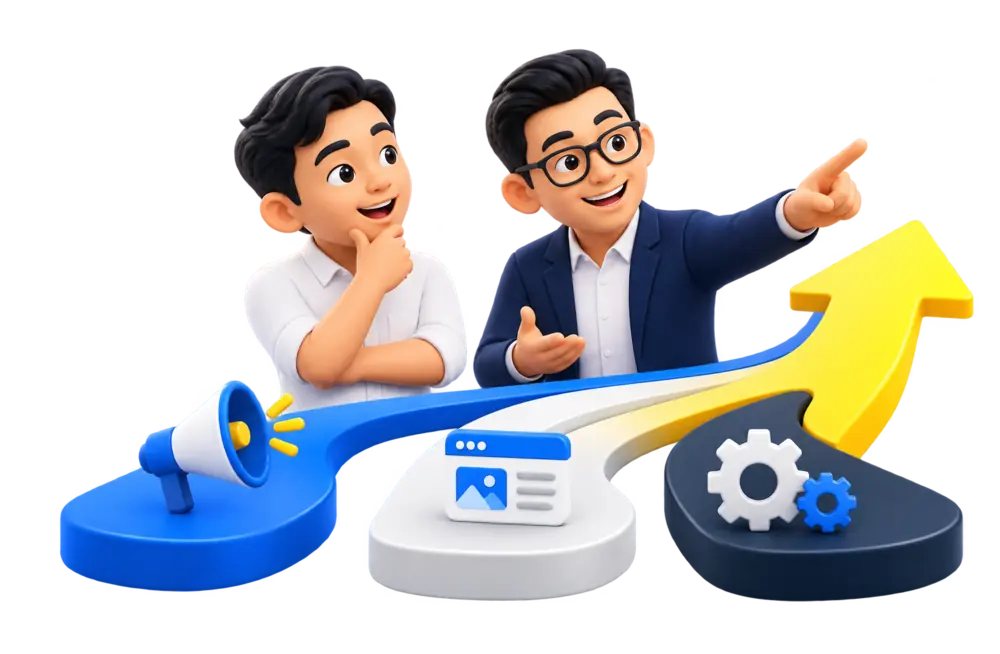 Ilustrasi konsultasi lelaki menentukan langkah pemasaran website atau sistem bisnes