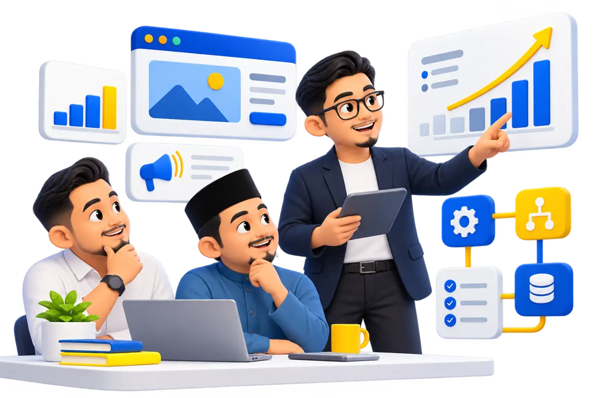 Ilustrasi pasukan lelaki The TRIO membantu pemilik bisnes menyusun pemasaran website dan sistem