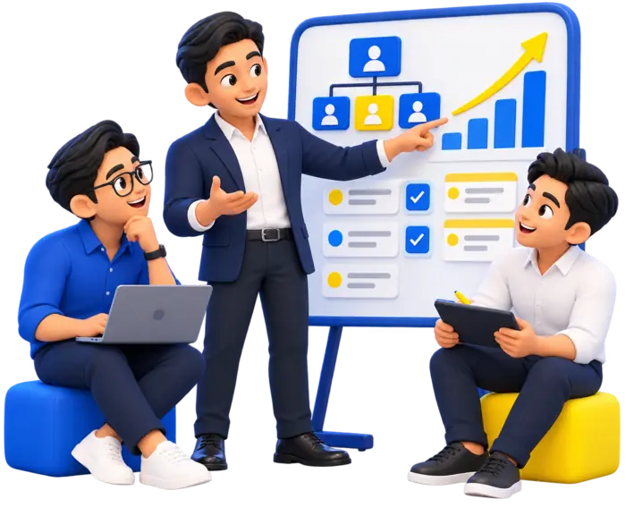 Ilustrasi konsultasi bisnes dan pembangunan team lelaki bersama The TRIO