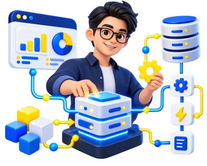 Ilustrasi arkitek sistem lelaki membangunkan custom system dan automasi bisnes