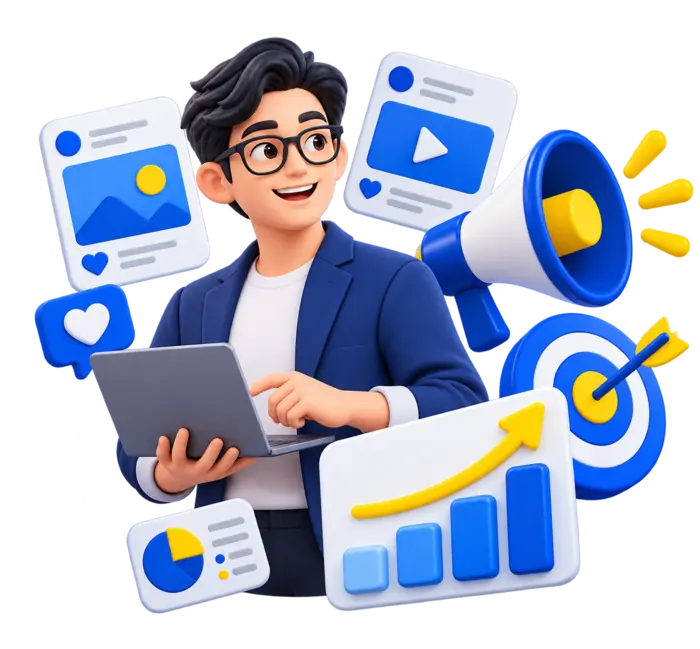 Ilustrasi pakar lelaki merancang strategi Digital Marketing bersama The TRIO