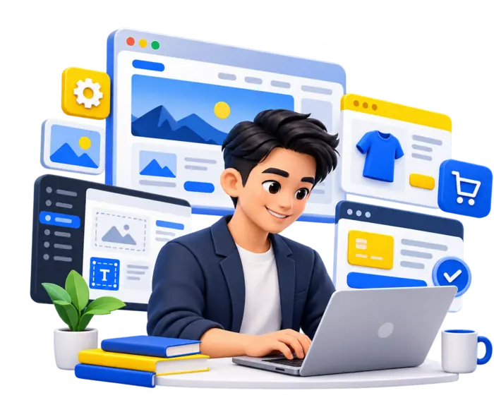 Ilustrasi pembangun lelaki membina laman web WordPress dan WooCommerce