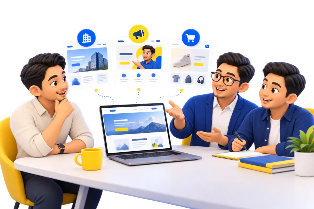 Ilustrasi konsultasi lelaki memilih website korporat landing page atau WooCommerce