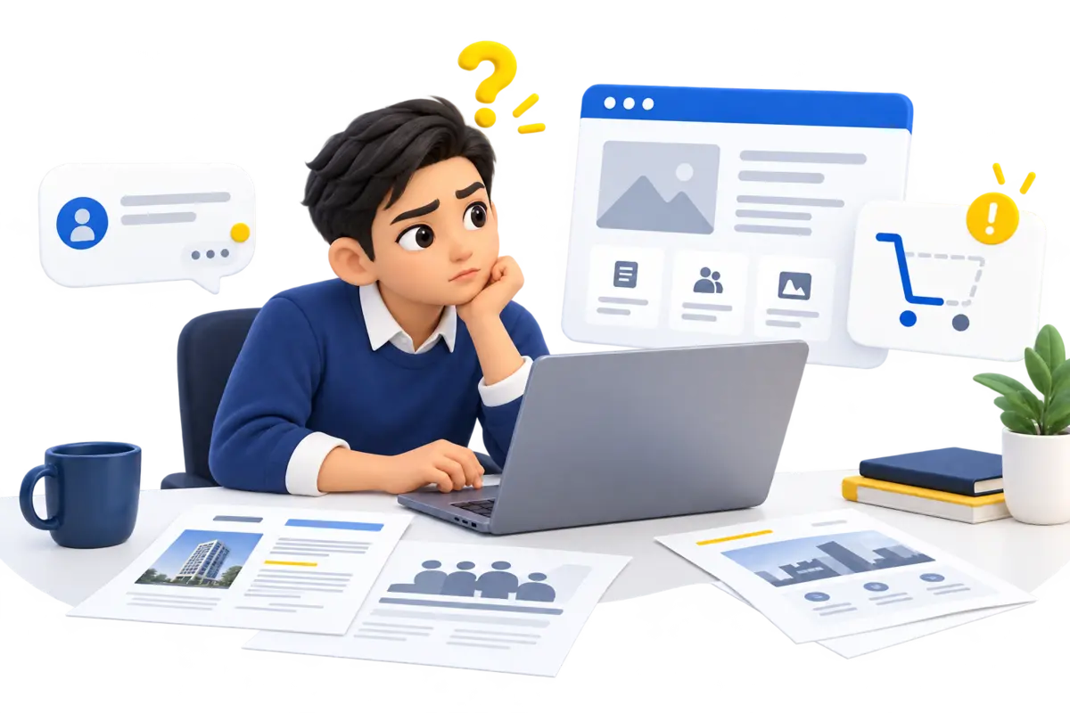 Ilustrasi pemilik bisnes lelaki menghadapi masalah website yang kurang jelas