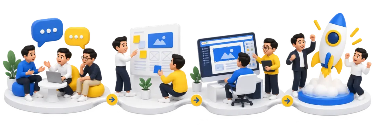 Ilustrasi team lelaki melalui proses perbincangan perancangan pembangunan dan pelancaran website