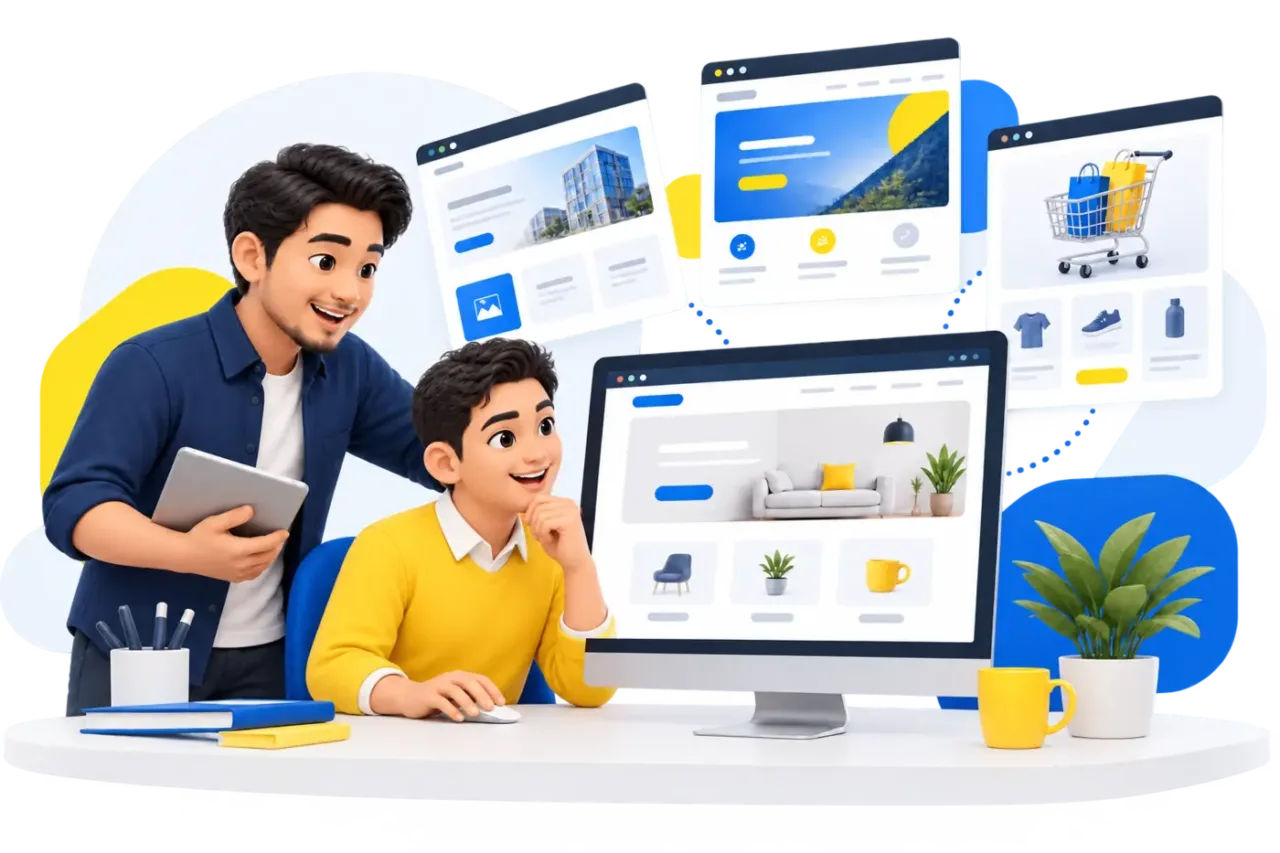 Ilustrasi lelaki membangunkan website WordPress dan WooCommerce bersama The TRIO